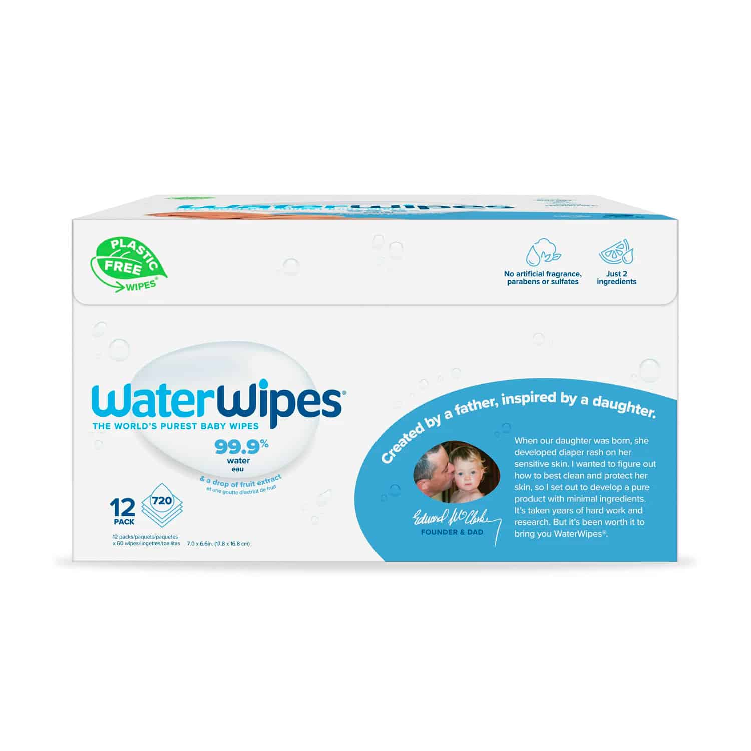WaterWipes Plastic-Free Original Baby Wipes, 99.9% Water Based Wipes, Unscented & Hypoallergenic for Sensitive Skin, 720 Count (12 Packs) - Image 2