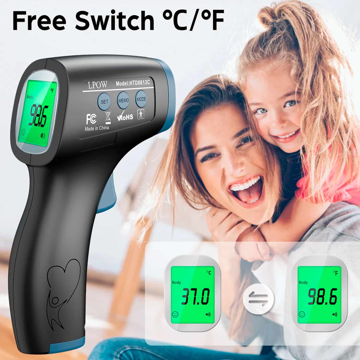 LPOW Forehead Digital Thermometer,The Non-Contact Infrared Thermometer for Babies,Kids&Adults,1s Fast Reading with 3 Colors Backlight Fever Alarm and 50 Memories Recall - Image 3