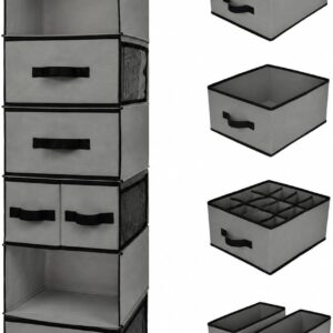 Hanging Closet Organizer 6 Shelves, Closet Organizers and Storage with 5 Drawers, 6 Side Pockets Closet Hanging Organizer, Hanging Storage Organizer for Closet, Baby Clothes, Gray