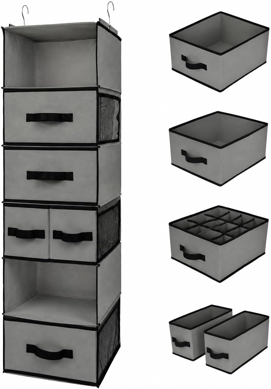 Hanging Closet Organizer 6 Shelves, Closet Organizers and Storage with 5 Drawers, 6 Side Pockets Closet Hanging Organizer, Hanging Storage Organizer for Closet, Baby Clothes, Gray