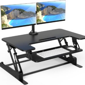 Standing Desk Converter Dual Monitor, 2 Screen Mounts Included, Height Adjustable Desk Riser in Black, Stand Up Desk Convertor Large 36" Wide, Sit Stand Convertor with Manual Lift Gas Spring