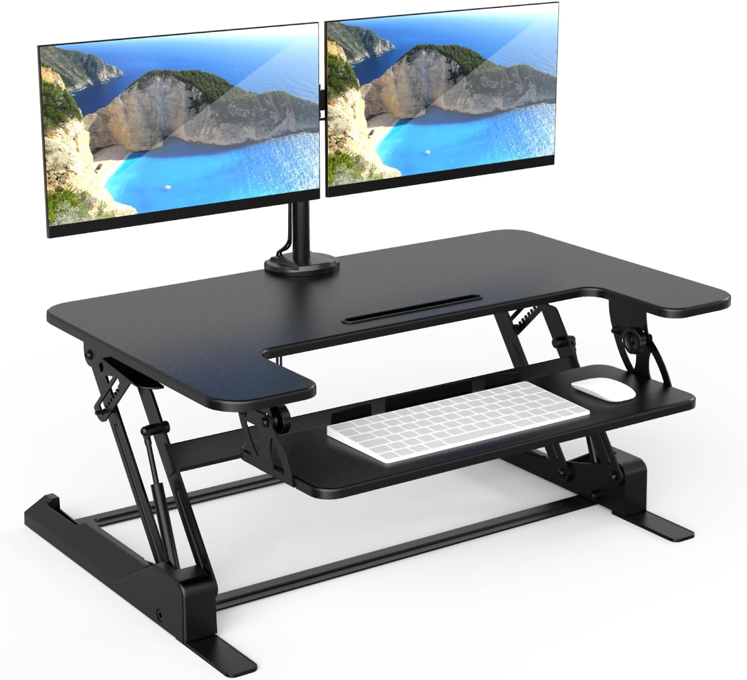Standing Desk Converter Dual Monitor, 2 Screen Mounts Included, Height Adjustable Desk Riser in Black, Stand Up Desk Convertor Large 36" Wide, Sit Stand Convertor with Manual Lift Gas Spring