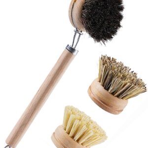 Bamboo Dish Brush with Handle, 1 Sturdy Wooden Handle with 3 Natural Bristle Heads, Horsehair, Sisal, Palm - All Purpose Kitchen Scrubber, Bamboo Wok Brush, Fruit and Veggie Scrubber