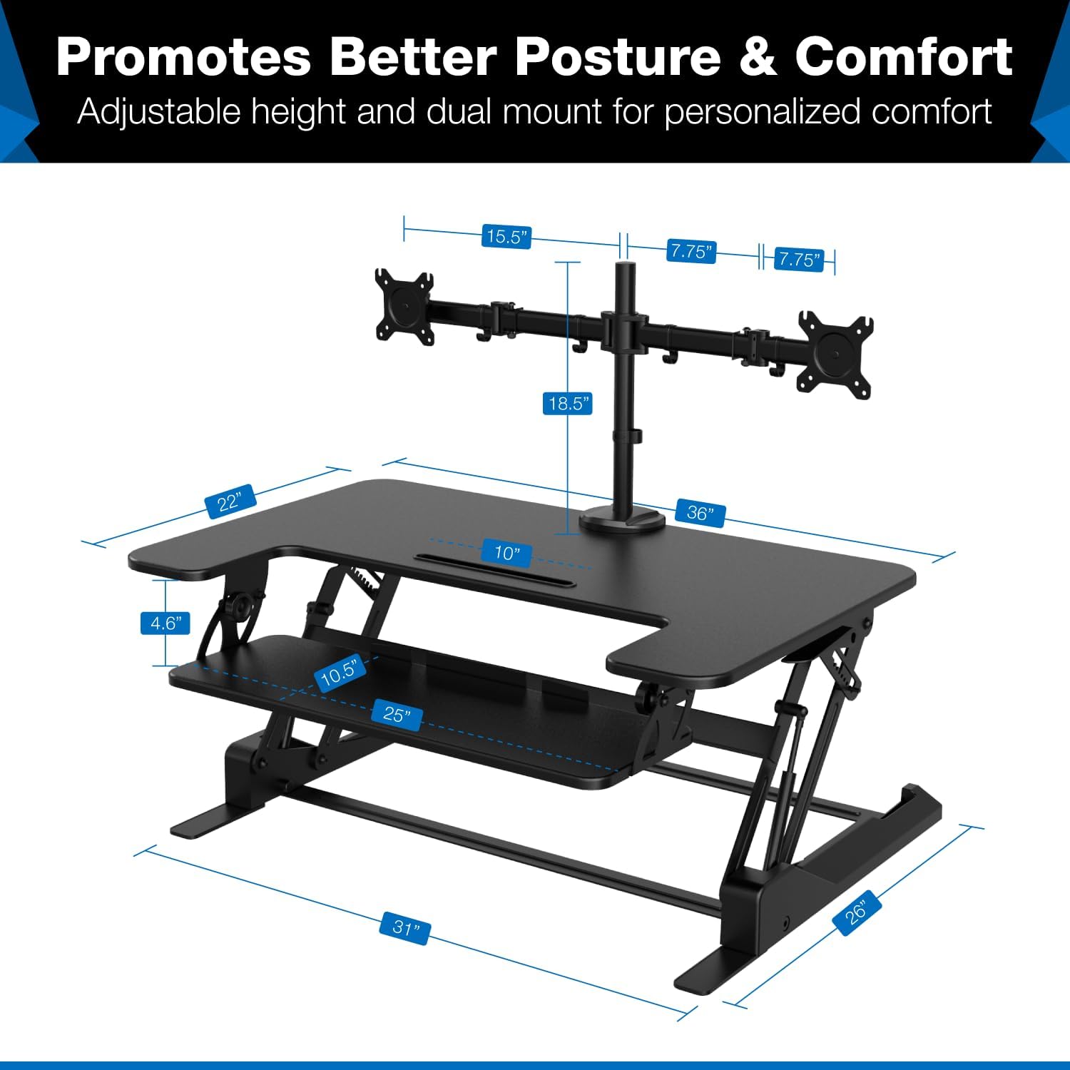 Standing Desk Converter Dual Monitor, 2 Screen Mounts Included, Height Adjustable Desk Riser in Black, Stand Up Desk Convertor Large 36" Wide, Sit Stand Convertor with Manual Lift Gas Spring - Image 2