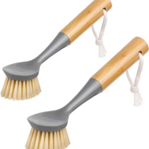 Dish Brush with Bamboo Handle Built-in Scraper, Scrub Brush for Pans, Pots, Kitchen Sink Cleaning, Pack of 2