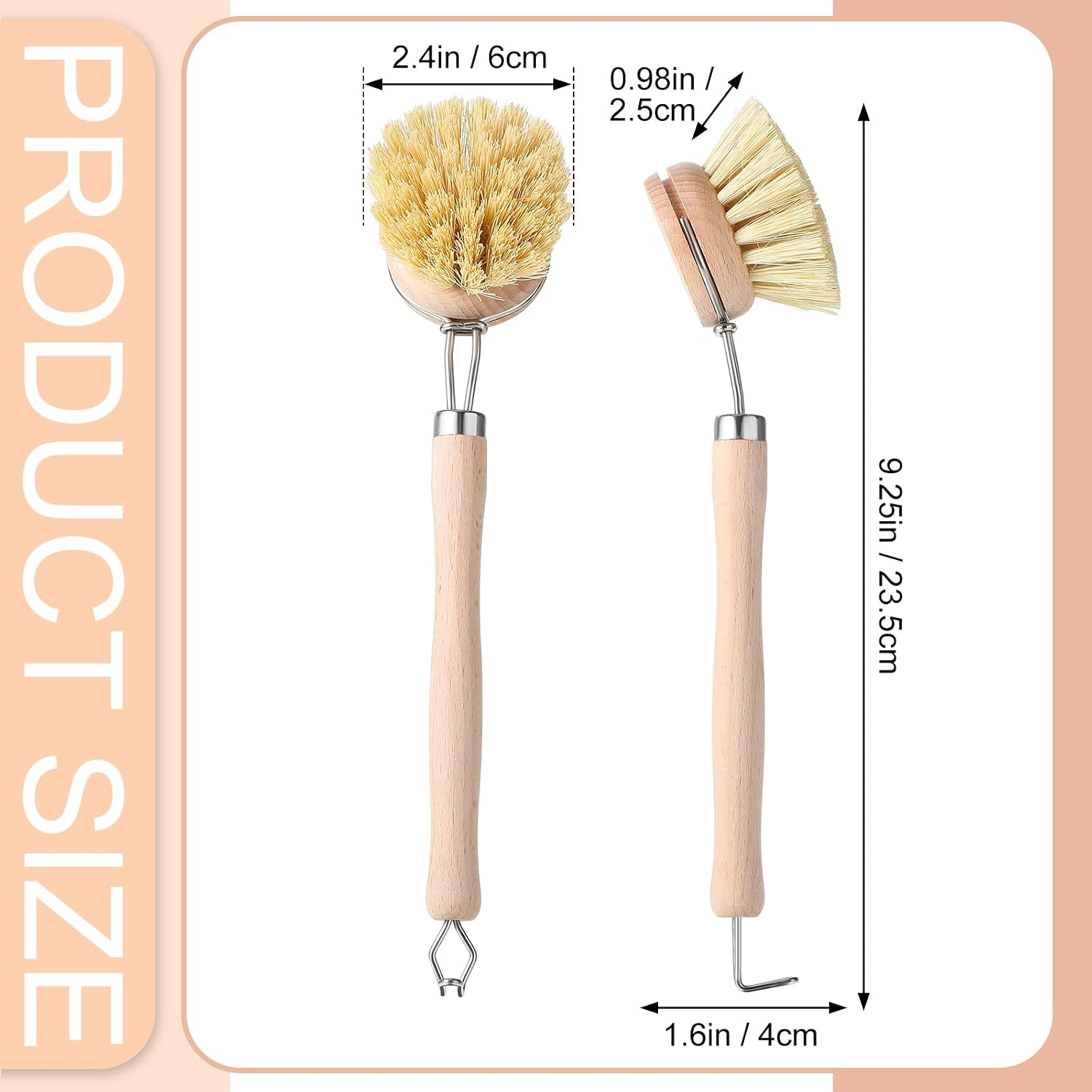 4 Pcs Kitchen Dish Brush with Beechwood Handle Natural Wooden Handle Scrub Brush Fiber Bristles Dish Scrub 2 Inch Replacement Brush Head for Pots Pans Utensils Washing Supplies - Image 2