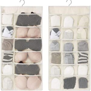 Closet Hanging Organizer with Mesh Pockets & Rotating Metal Hanger,Dual Sided Wall Shelf Wardrobe Storage Bags,Oxford Cloth Space Saver Bag for Bra Underwear Underpants Socks (white)