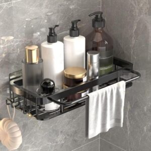 1 Pack Shower Organizer and Storage, Aluminum Shower Caddy Adhesive Bathroom Shelves No Drill Wall Mount Bathroom Rack with Hooks and Towels Rod for Inside Shower