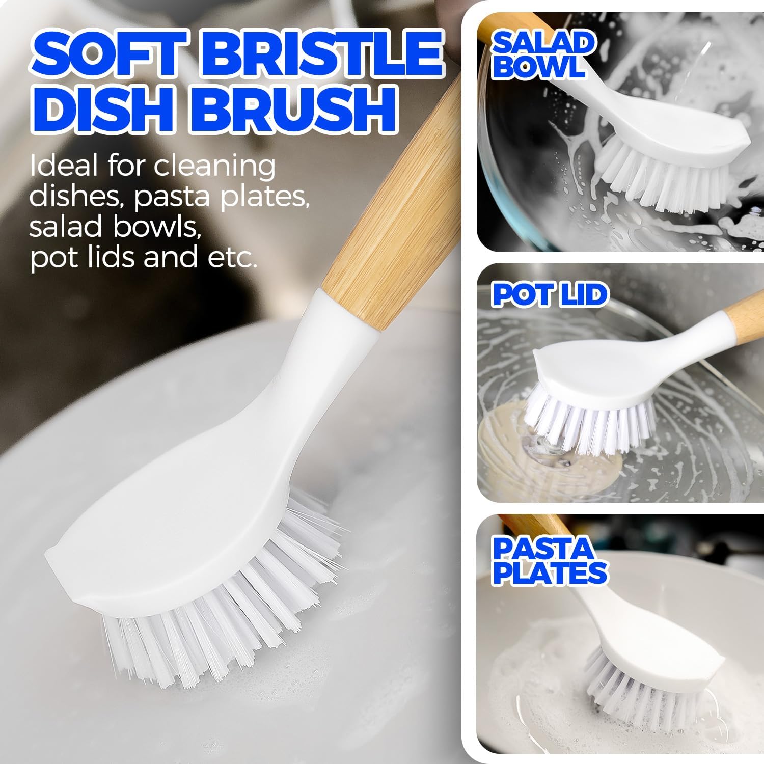 3 Pack Dish Brush Set with Bamboo Handle, Kitchen Brushes for Cleaning Pot, Sink and Stove, Skillet Scrubber with Tough Bristles for Cast Iron Grill Pan, White Yellow Black - Image 2