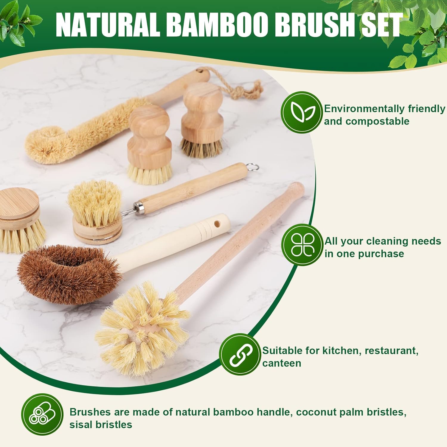 8 Pcs Bamboo Dish Brush Dish Washing Scrub Bottle Brush Wooden Palm Pot Brush Cleaning Scrubbers with Natural Sisal Bristles Long Handle for Pots Pans, Bottle, Sink, Vegetables, Household Cleaning - Image 2