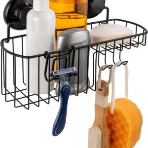 Shower Caddy Suction Cup, Shower Shelf with Soap Dish and Hooks Organizer, Suction Bathroom Shelf for Storage, Wall Mounted Basket, Black