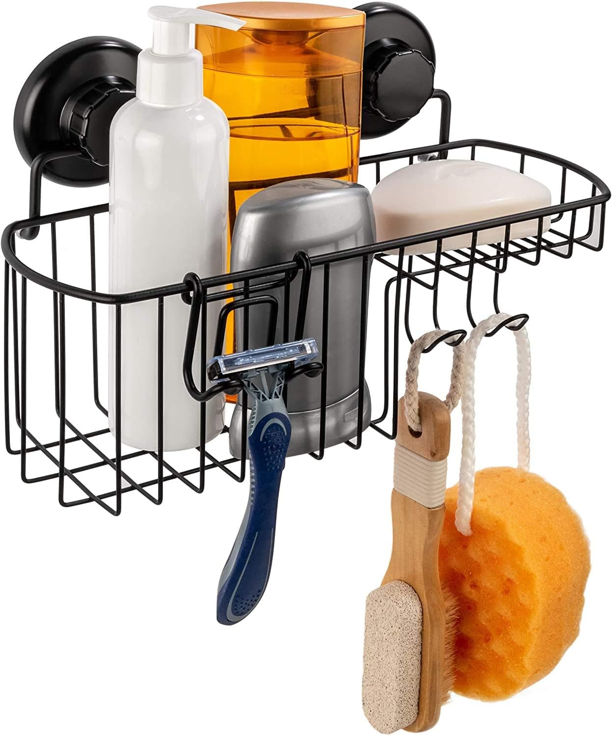 Shower Caddy Suction Cup, Shower Shelf with Soap Dish and Hooks Organizer, Suction Bathroom Shelf for Storage, Wall Mounted Basket, Black