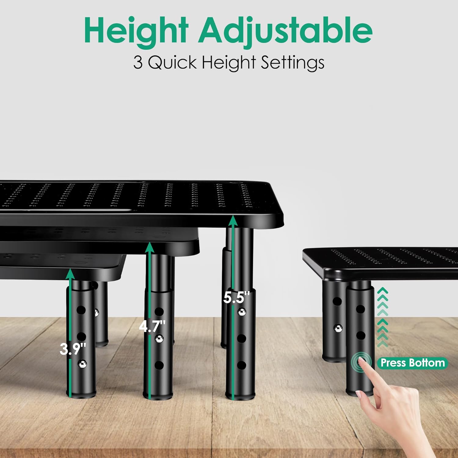 Monitor Stand Risers for 2 Monitors, 3 Height Adjustable Monitor Stand with Pen Holder, Dual Monitor Riser Laptop Riser for Office, Home, School Supplies, 2 Pack, Black - Image 2