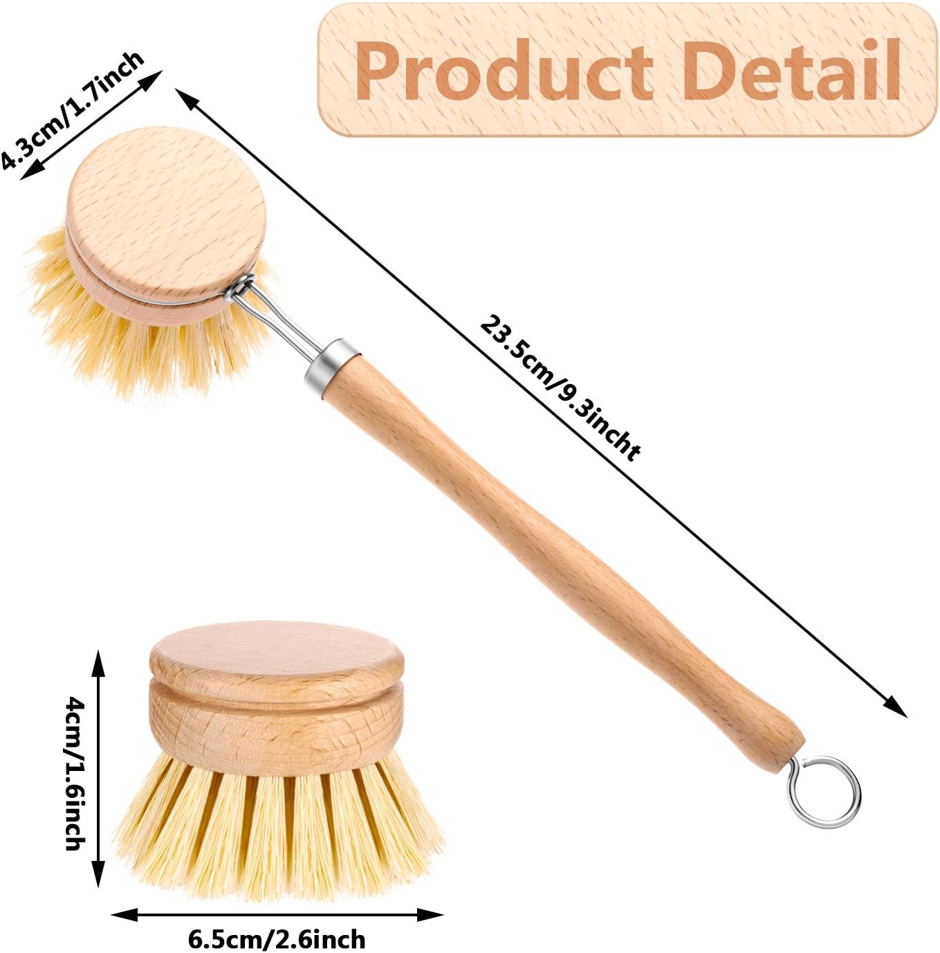 3 Pack Dish Brush with Beechwood Handle with Replacement Heads Natural Wood Dish Scrub Brush for Washing and Cleaning Pots and Pans - Image 2