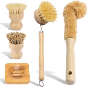 Bamboo Dish Brush Set, 5 Pcs Wooden Kitchen Scrubber – Long Handle Dish & Cup Brush, Short Handle Sisal & Coarse Brown Brush, Includes Square Tray, Ergonomic Natural Cleaning Kit for Pots Pans Bottles