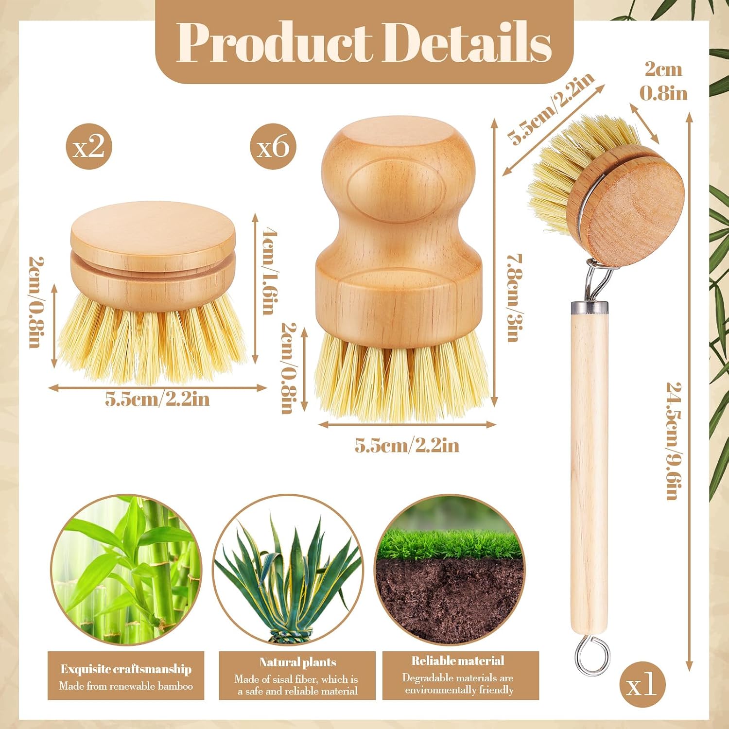 Bamboo Dish Brush Set, 9 Pack Kitchen Natural Wooden Cleaning Scrubbers Set Washing Dish Brush Scrubber with Natural Sisal Bristles for Household Cleaning Vegetables - Image 2