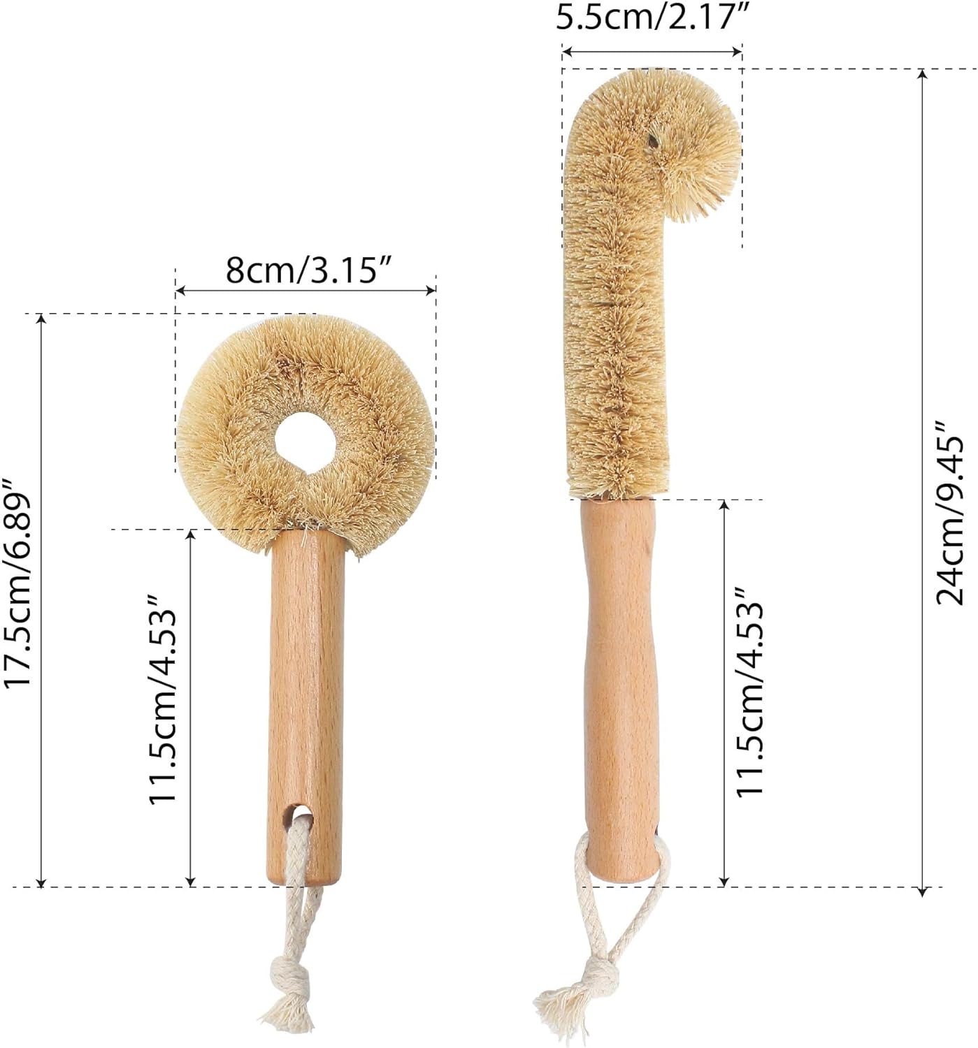 2PCS Coconut Brush Fiber Bottle Wooden Cleaning Brush, Scrub Head for Deep Pan Cleaning Washing, Sturdy Eco-Friendly with Natural Wood Handle Holder, Bristle Scrubber Set for Kitchen Dishes Vegetable - Image 2