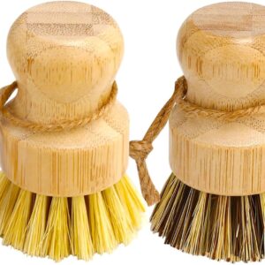 Bamboo Dish Brush Set, 2 Pcs Palm Wooden Dish Scrubber Brush, Dish Brushes, Durable Wood Dishes Scrub Brush, Natural Round Vegetable Cleaning Pots Pans Sink Washing Kitchen Brush