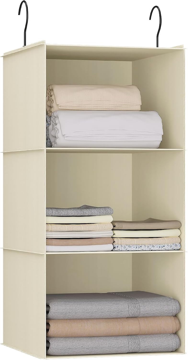 Hanging Closet Organizer 3-Shelf, Oxford Fabric Wardrobe Storage, Beige | Easy-mount foldable design holds clothes, handbags, shoes & accessories; washable Oxford fabric, sturdy and space-saving.