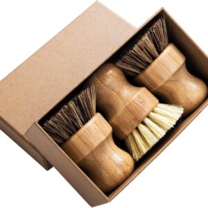 Palm Pot Brush- Bamboo Round 3 Packs Mini Dish Brush Natural Scrub Brush Durable Scrubber Cleaning Kit for Cleaning Pots, Pans and Vegetables