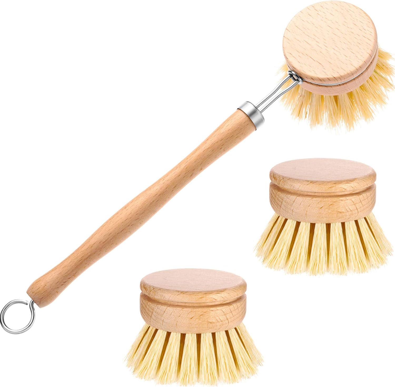 3 Pack Dish Brush with Beechwood Handle with Replacement Heads Natural Wood Dish Scrub Brush for Washing and Cleaning Pots and Pans