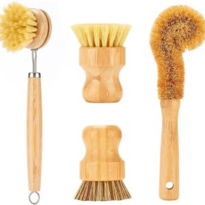 Bamboo Dish Brushes Sets 4 Tools in One Kitchen Clean Dish Scrubber for Pots Pans Bottles with Natural Bristles (Bamboo Brushes Sets)