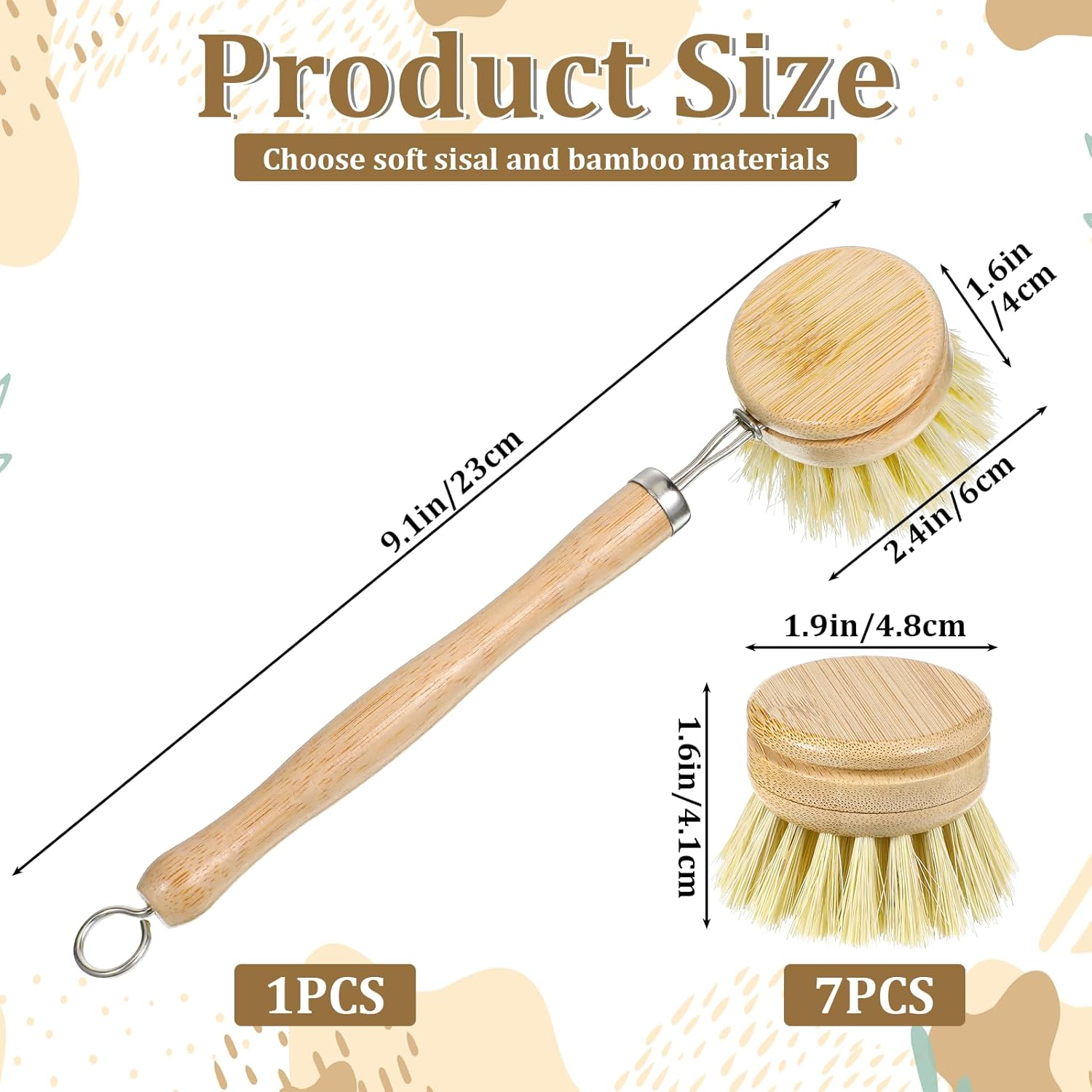 8 Pcs Bamboo Dish Brush with Handle, Natural Sisal Bristle Scrubber Includes 7 Replacement Brush Heads Wooden Kitchen Dish Brushes for Pots, Pans, Bowls, Dishes Cleaning - Image 2