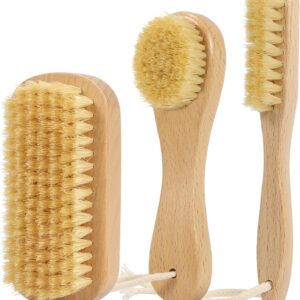 3-Piece Wooden Laundry Brush for Stains on Clothes - Gentle Boar Bristle Laundry Scrub Brush Stain Remover for Delicate and Everyday Fabrics