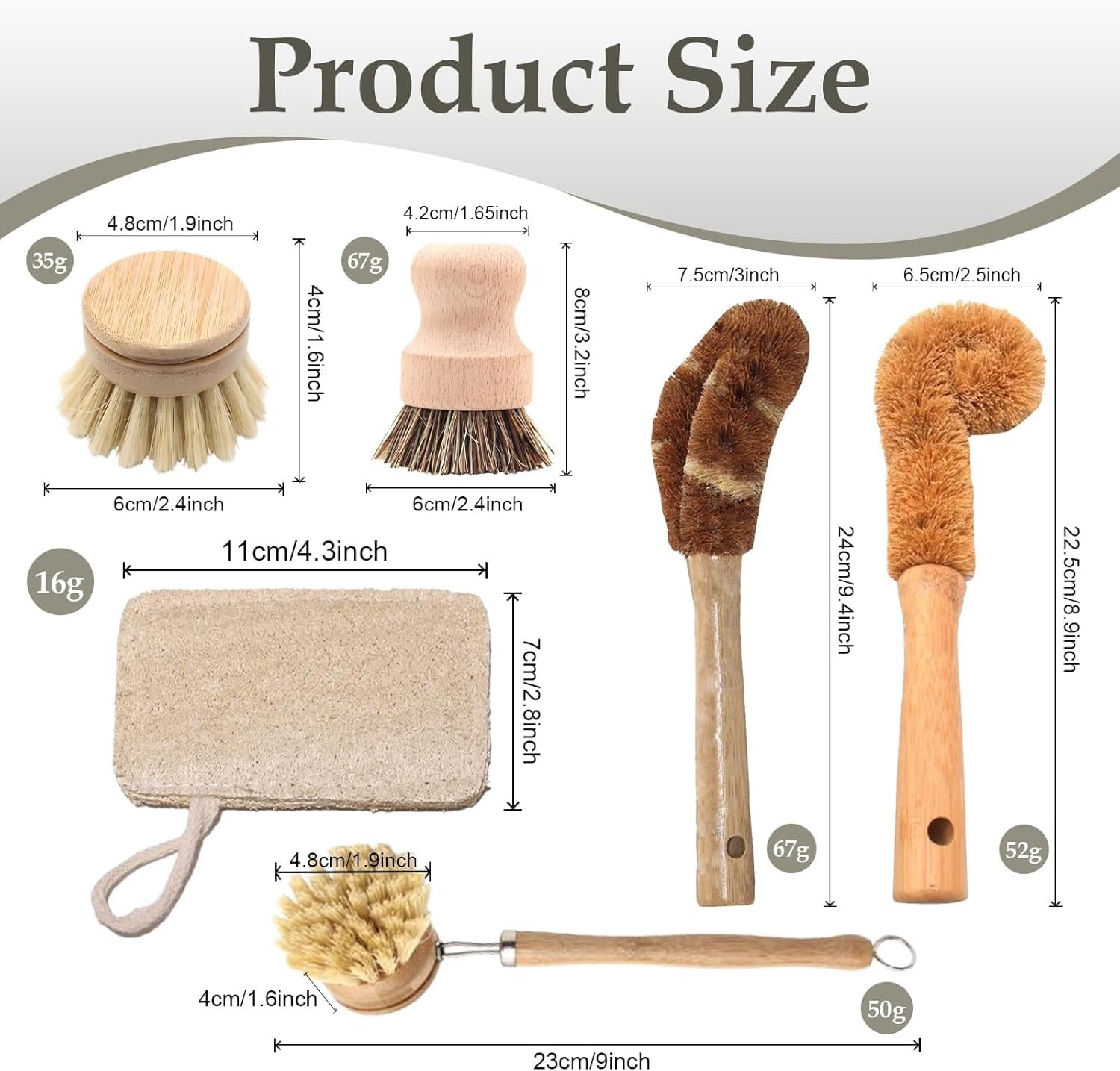 7 Piece Wooden Dish Brush Natural, Bamboo Brush Kitchen Set Dish Cleaning Brush Pot Brush & Bottle Cleaner Beech Wood & Natural Bristles Bamboo Scrub Brush for Dishes Plastic Free - Image 2