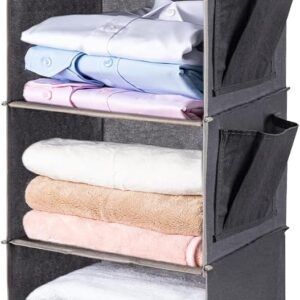 Hanging Closet Organize and Shelves,5-Hanging Shelf with 2 Side Pockets,Storage Foldable (Grey)