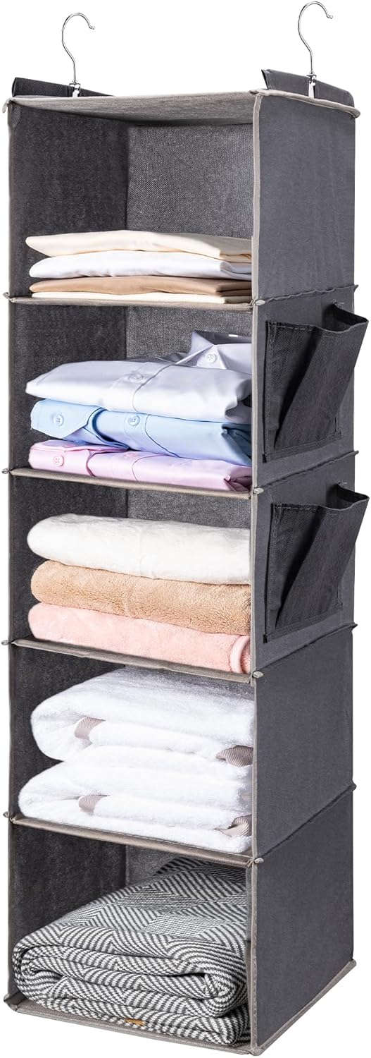 Hanging Closet Organize and Shelves,5-Hanging Shelf with 2 Side Pockets,Storage Foldable (Grey)