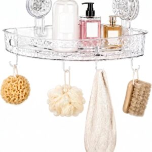 Corner Shower Caddy with Strong Suction Cups, No-Drill 90° Corner Shower Organizer with Hooks, Removable Wall Mounted Shelf for Tile, Glass & Metal (White/Clear)