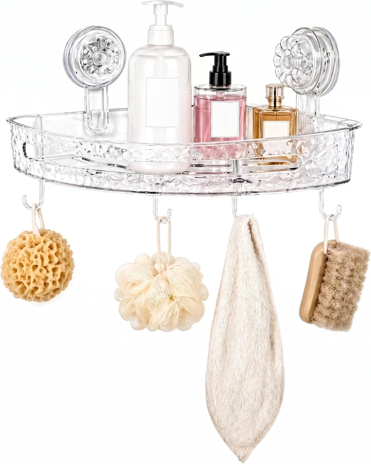 Corner Shower Caddy with Strong Suction Cups, No-Drill 90° Corner Shower Organizer with Hooks, Removable Wall Mounted Shelf for Tile, Glass & Metal (White/Clear)