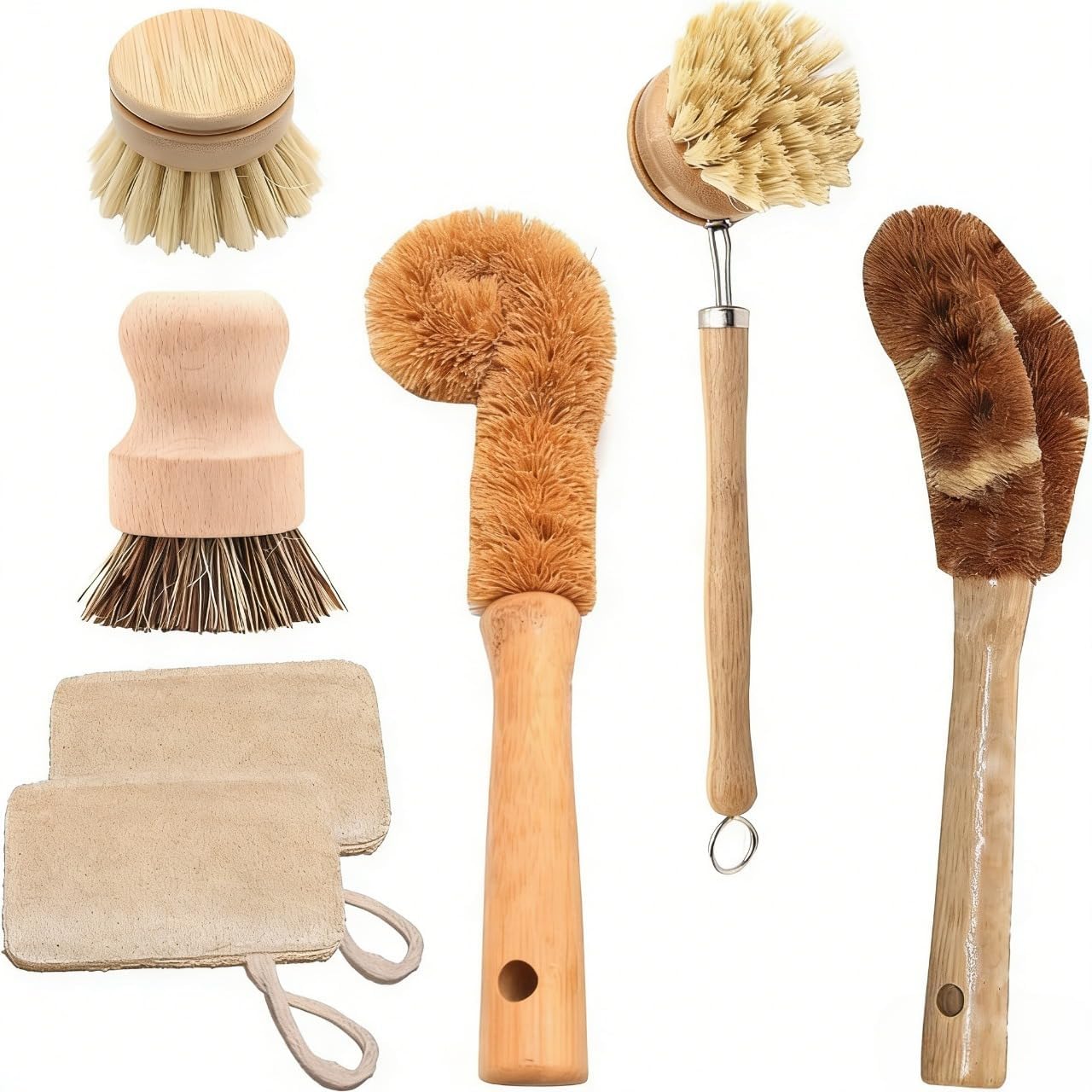 7 Piece Wooden Dish Brush Natural, Bamboo Brush Kitchen Set Dish Cleaning Brush Pot Brush & Bottle Cleaner Beech Wood & Natural Bristles Bamboo Scrub Brush for Dishes Plastic Free