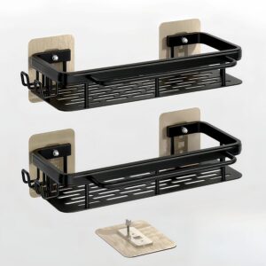 2-Pack Adhesive Shower Caddy – Rustproof Aluminum Black Shower Shelves with Towel Bars & Hooks, No Drill Bathroom Organizers and Storage, Anti-Tip Shower Organizer for Inside Shower