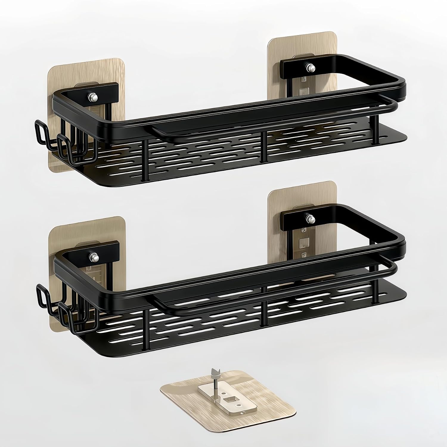 2-Pack Adhesive Shower Caddy – Rustproof Aluminum Black Shower Shelves with Towel Bars & Hooks, No Drill Bathroom Organizers and Storage, Anti-Tip Shower Organizer for Inside Shower