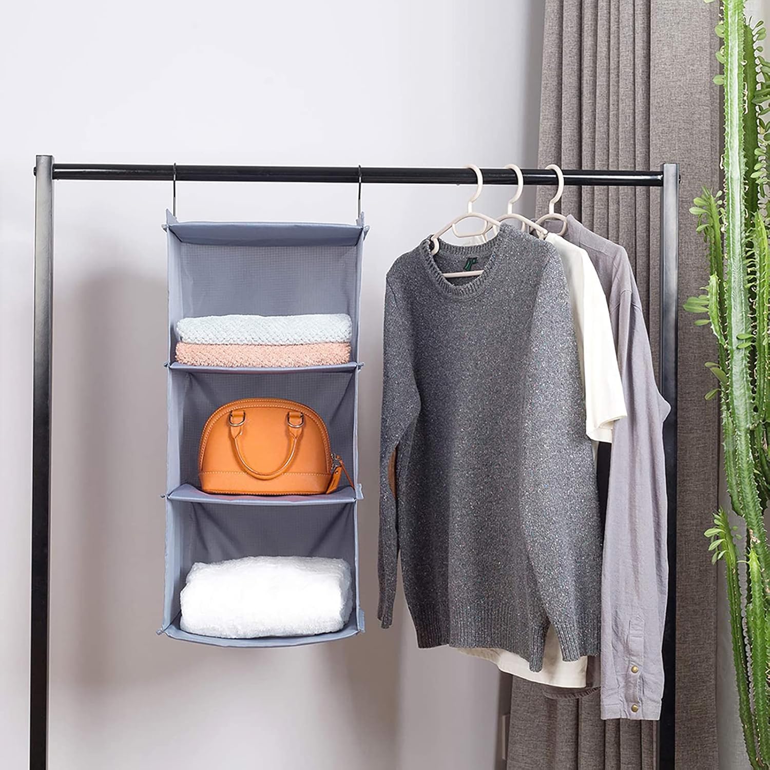 Hanging Closet Organizer 3-Shelf, Oxford Fabric Wardrobe Storage, Gray | Easy-mount foldable design holds clothes, handbags, shoes & accessories; washable Oxford fabric, sturdy and space-saving. - Image 2