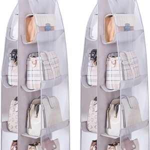 2 Packs Hanging Handbag Organizer for Closet, Purse Storage Holder with 8 Easy Access Clear PVC Pockets, Womens Purse Hanger Bag for Wardrobe Door Wall Space Saving, Gray