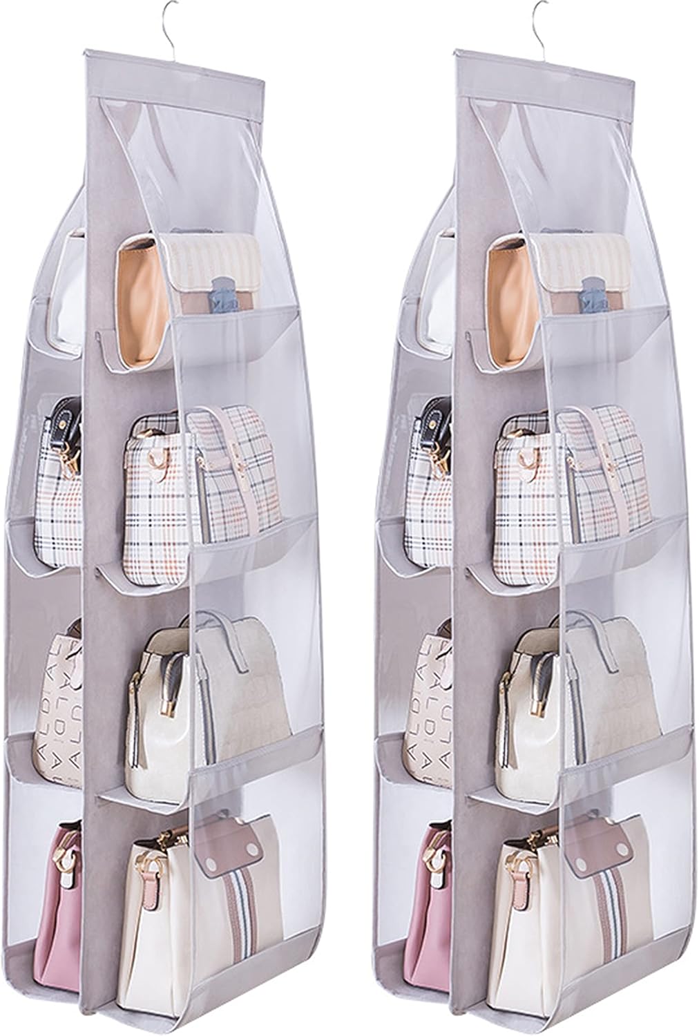 2 Packs Hanging Handbag Organizer for Closet, Purse Storage Holder with 8 Easy Access Clear PVC Pockets, Womens Purse Hanger Bag for Wardrobe Door Wall Space Saving, Gray