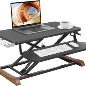 Height Adjustable Standing Desk Converter with Keyboard Tray, 26x16 Inch, Sit to Stand Desk Riser with Elegant Side Cover and Wooden Feet, Compact Monitor and Laptop Riser for Home & Office, Black