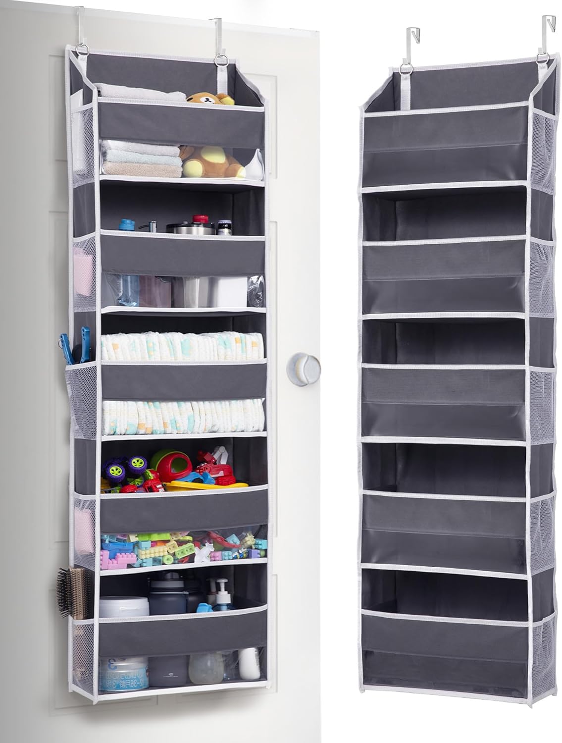 1 Pack Over Door Organizer with 5 Large and 10 Mesh Side Pockets, 44 lbs Weight Capacity Hanging Storage with Clear Window Kids Toys, Shoes, Diapers, Dark Grey, 5 Layers