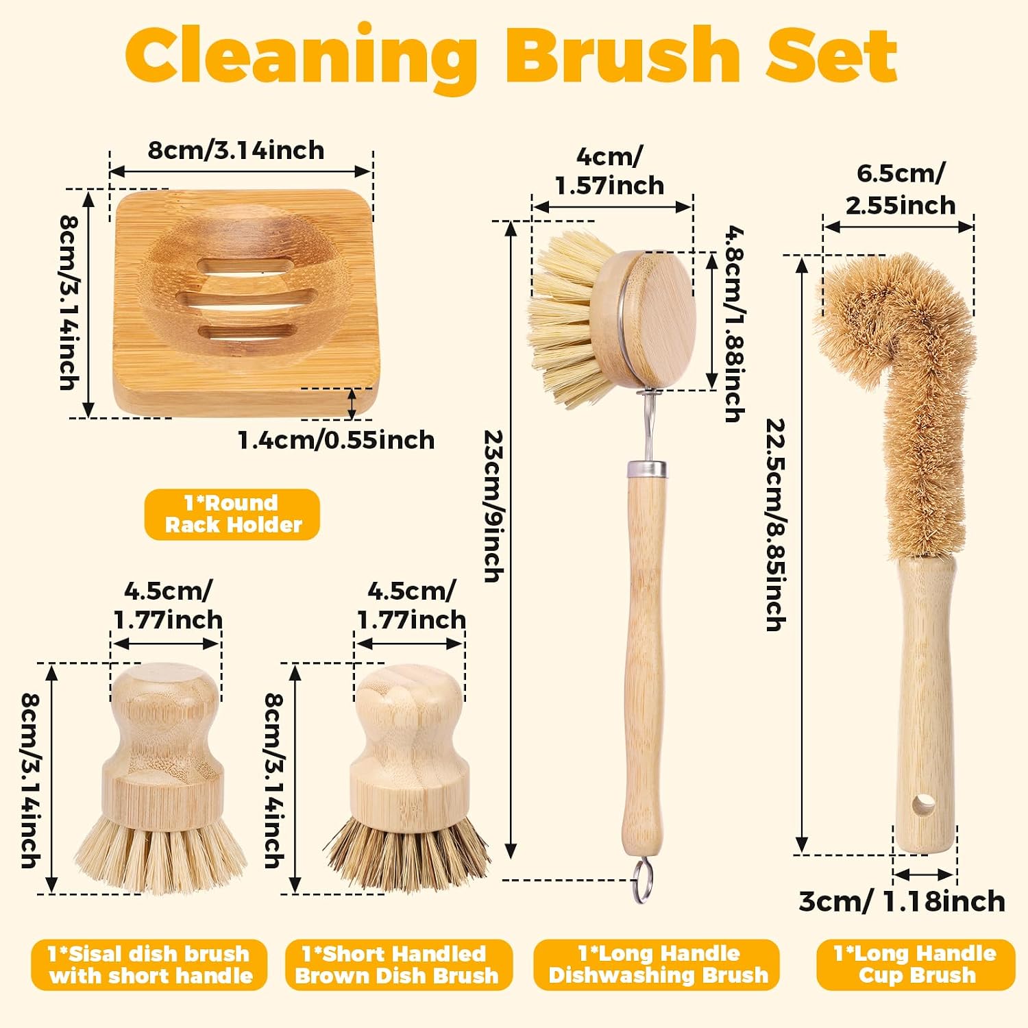 Bamboo Dish Brush Set, 5 Pcs Wooden Kitchen Scrubber – Long Handle Dish & Cup Brush, Short Handle Sisal & Coarse Brown Brush, Includes Square Tray, Ergonomic Natural Cleaning Kit for Pots Pans Bottles - Image 2