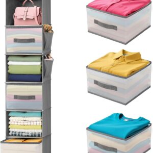 Hanging Closet Organizer and Storage,6-Shelf Closet Hanging Storage Shelves with 3 Drawers,Hanging Camping & Dorm Clothes Organizer, Grey