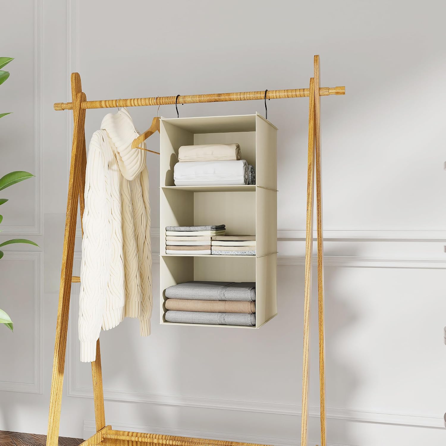 Hanging Closet Organizer 3-Shelf, Oxford Fabric Wardrobe Storage, Beige | Easy-mount foldable design holds clothes, handbags, shoes & accessories; washable Oxford fabric, sturdy and space-saving. - Image 2