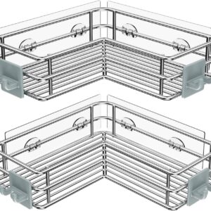 Corner Shower Shelves Stainless Steel, Adhesive Shower Caddy Basket Rack with Hooks, Rust Proof for Bathroom Shelf Shampoo Holder (Silver, 2 Pack)