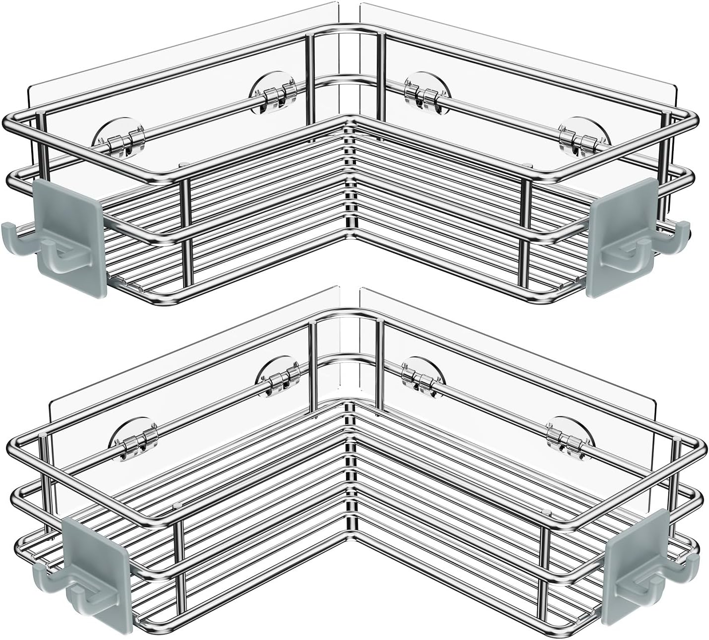 Corner Shower Shelves Stainless Steel, Adhesive Shower Caddy Basket Rack with Hooks, Rust Proof for Bathroom Shelf Shampoo Holder (Silver, 2 Pack)