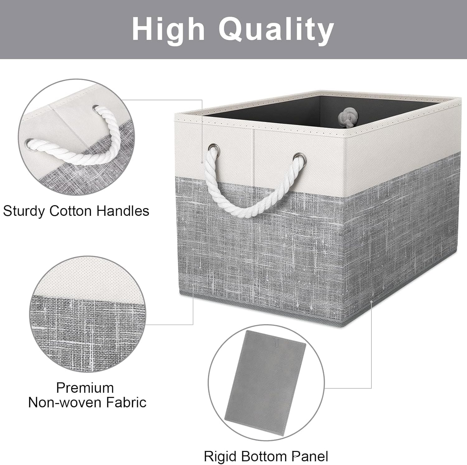 Storage Bins 3-Pack, Foldable Storage Baskets for Organizing Toys, Books, Shelves, Closet, Large Storage Box with Rope Handles, Sturdy Organizer Bins, White & Grey - Image 2