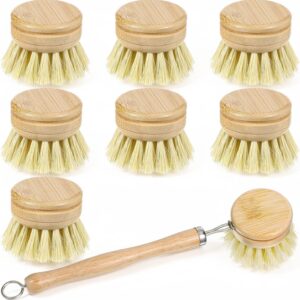 8 Pcs Bamboo Dish Brush with Handle, Natural Sisal Bristle Scrubber Includes 7 Replacement Brush Heads Wooden Kitchen Dish Brushes for Pots, Pans, Bowls, Dishes Cleaning