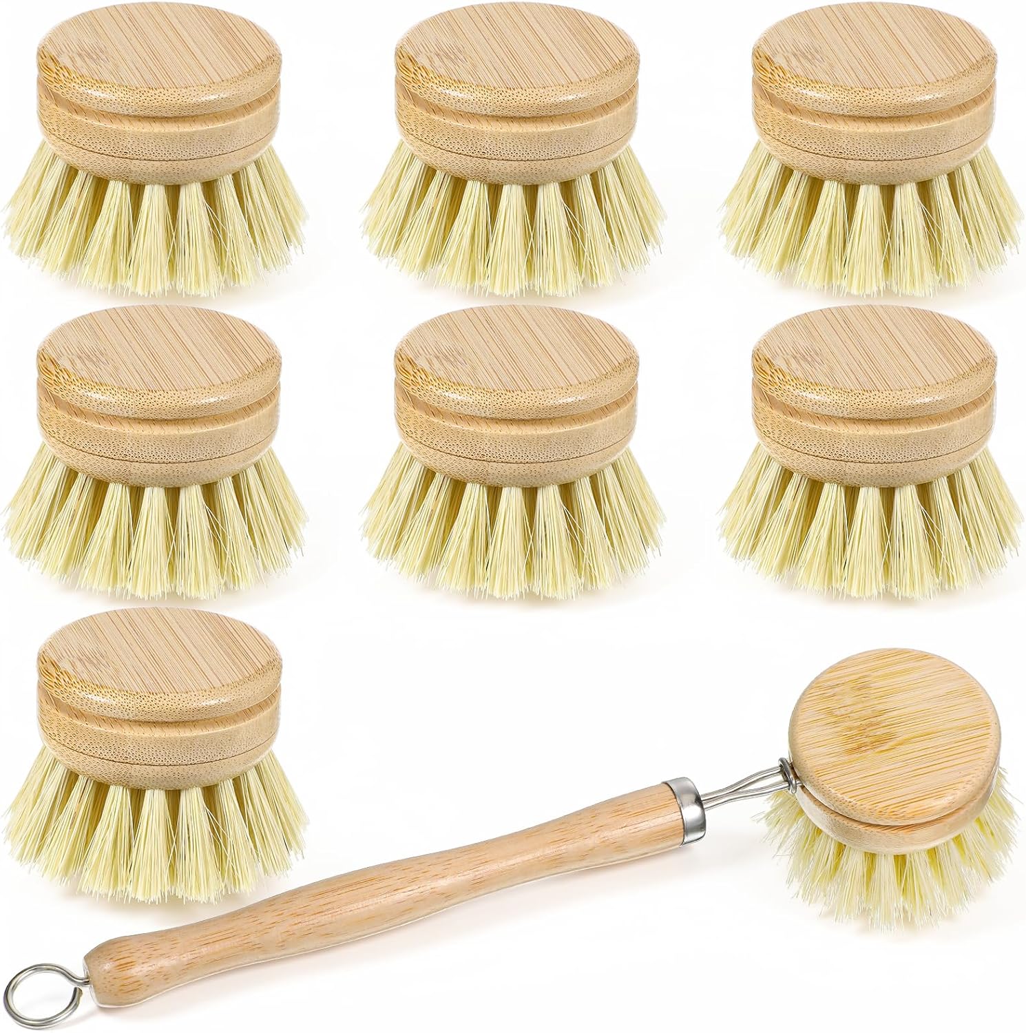 8 Pcs Bamboo Dish Brush with Handle, Natural Sisal Bristle Scrubber Includes 7 Replacement Brush Heads Wooden Kitchen Dish Brushes for Pots, Pans, Bowls, Dishes Cleaning