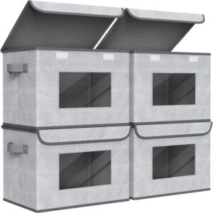 Fabric Foldable Storage Boxes [4-Pack] Large Collapsible Stackable Storage Bins with Lids, Closet Organizers and Storage Cube Basket for Home, Office, Bedroom (Gray, 17“ x 12” x 12")